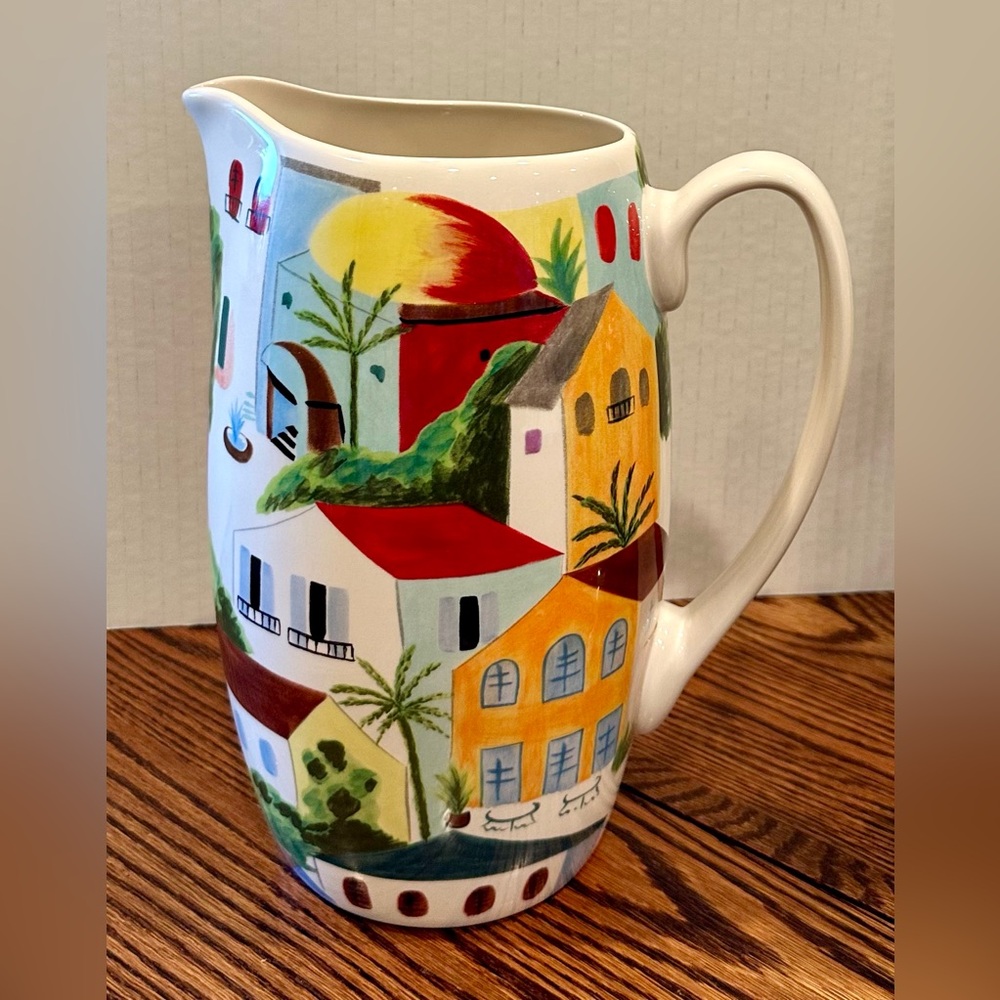 Pier1 Large Villa Del Sol Hand-Painted Earthenware Pitcher 11" Tall 8" Wide.